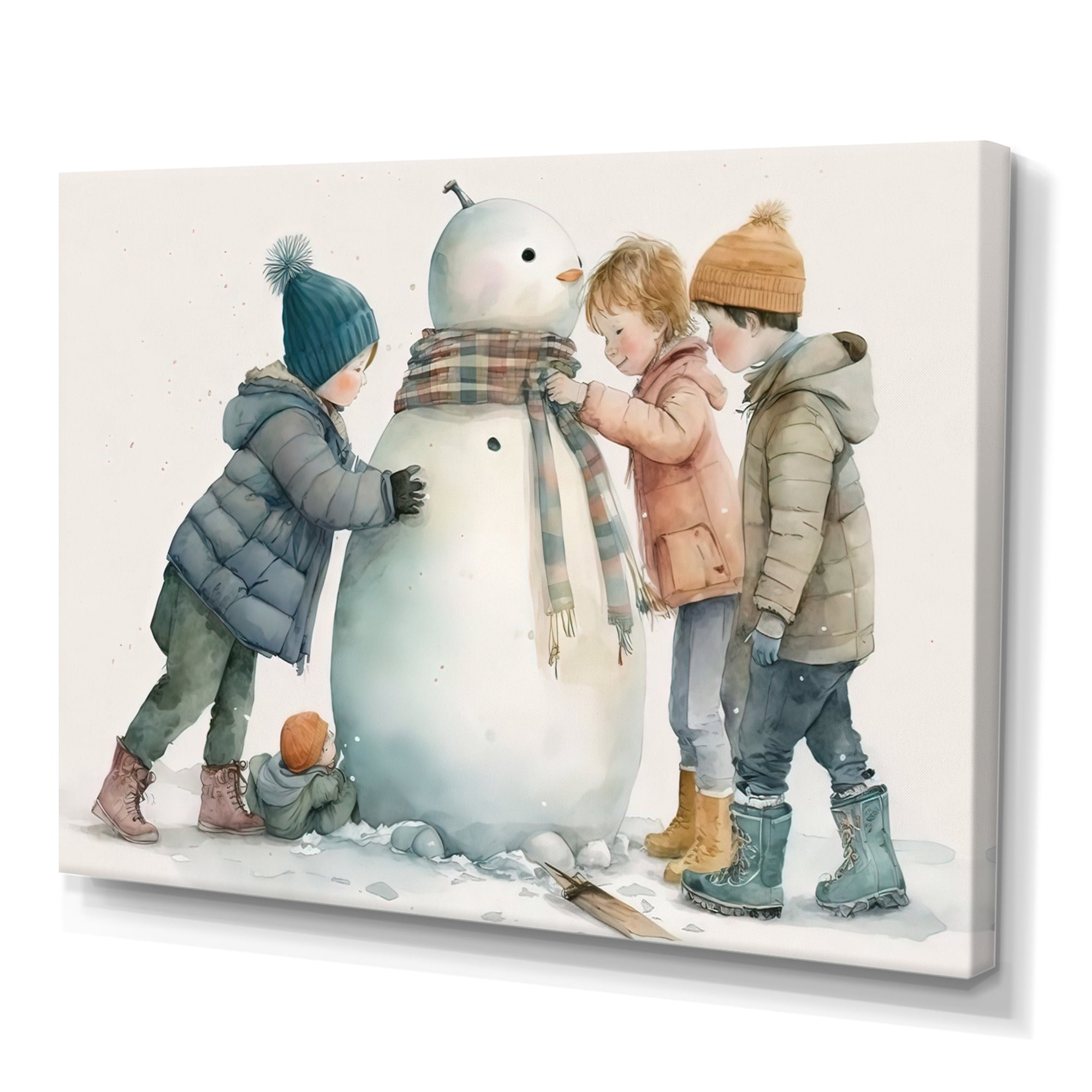 Designart Kids Building A Huge Snowman IV Canvas Wall Art