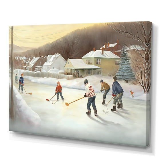 Designart Kids Playing Hockey In Winter IV Canvas Wall Art