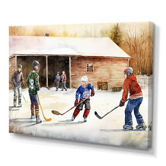 Designart Kids Playing Hockey On Ice Rink III Canvas Wall Art