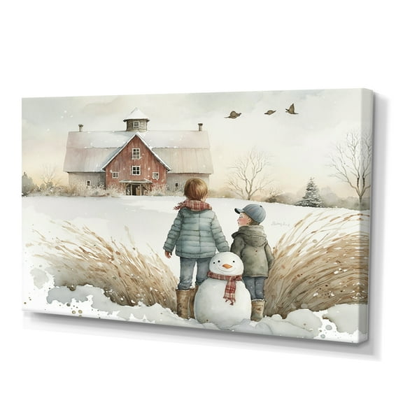 Designart Kids Playing In The Snow I Canvas Wall Art
