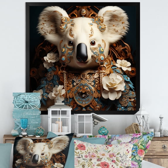 Designart "King Koala's Blossoms A Natural Beauty I" Animals Framed Wall Art Decor - Modern Grey Koala Hallway Framed Wall Art Decor