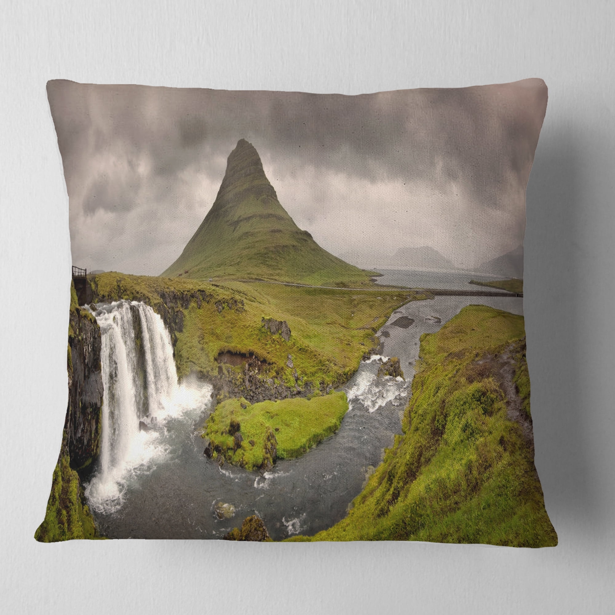 Designart Kirkjufell Waterfalls in Grundarfjordur - Landscape Printed Throw Pillow - 18x18