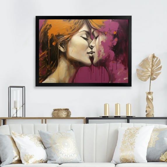 Designart "Kiss of Pink and Yellow Women I" Fashion Framed Wall Art Decor - Glam Yellow Woman Romantic Entryway Framed Wall Art