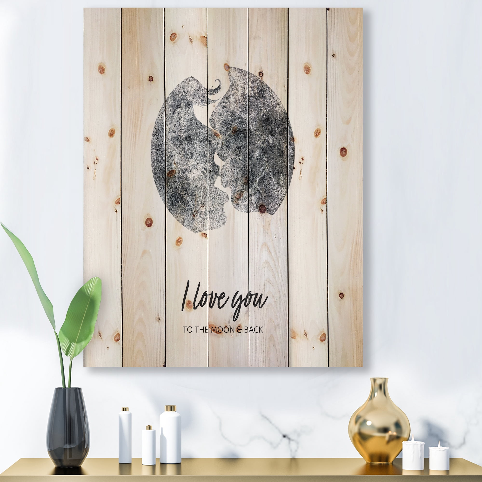 Designart 'Kiss of Two Lovers In Romantic Moon Shape' Modern Print on Natural Pine Wood