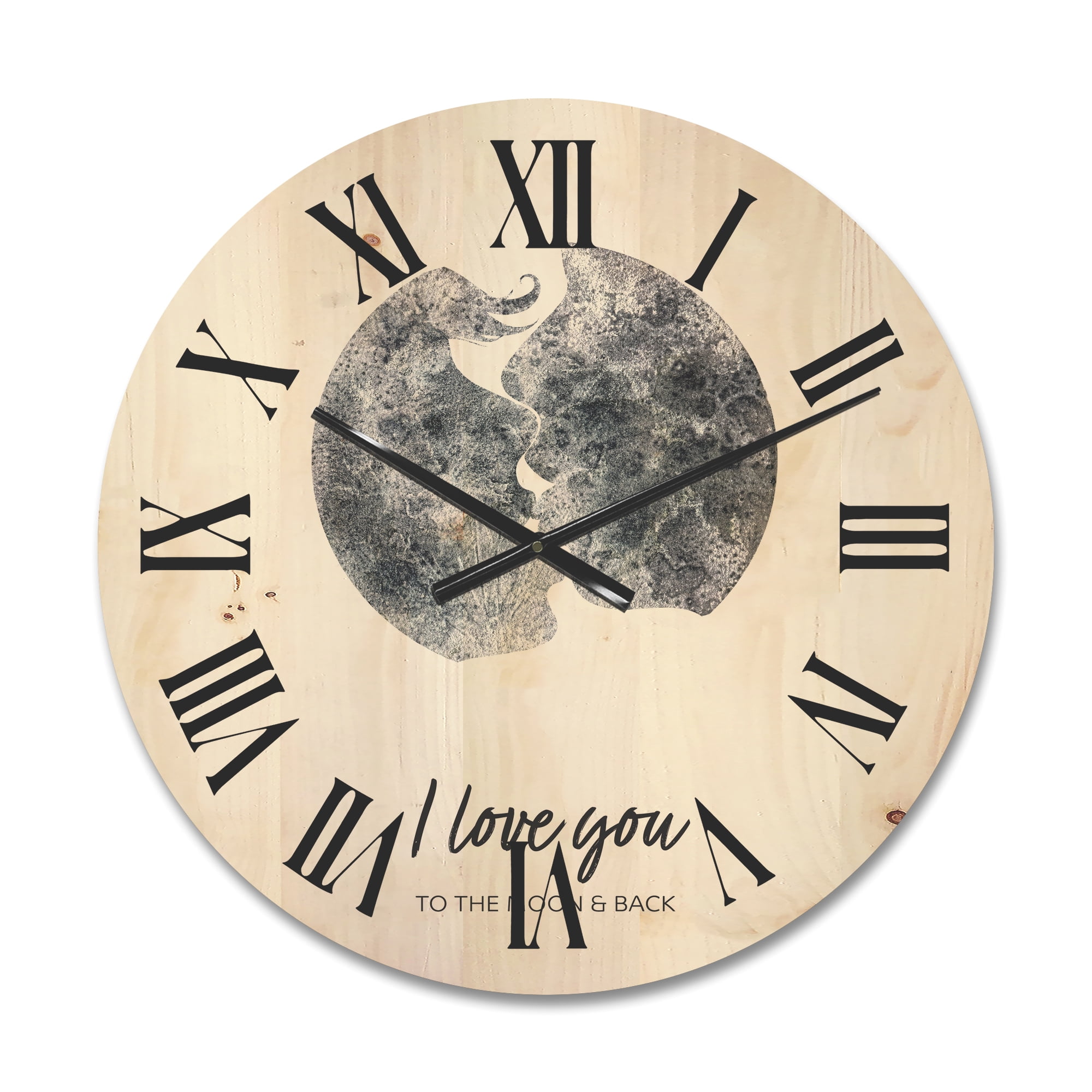 Designart 'Kiss of Two Lovers In Romantic Moon Shape' Modern Wood Wall Clock