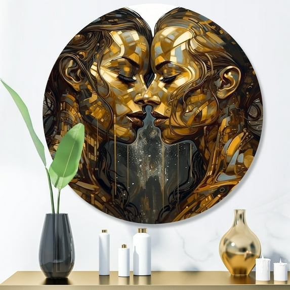 Designart "Kissing in Acrylic Romantic Embrace V" Abstract Marble Round Metal Art
