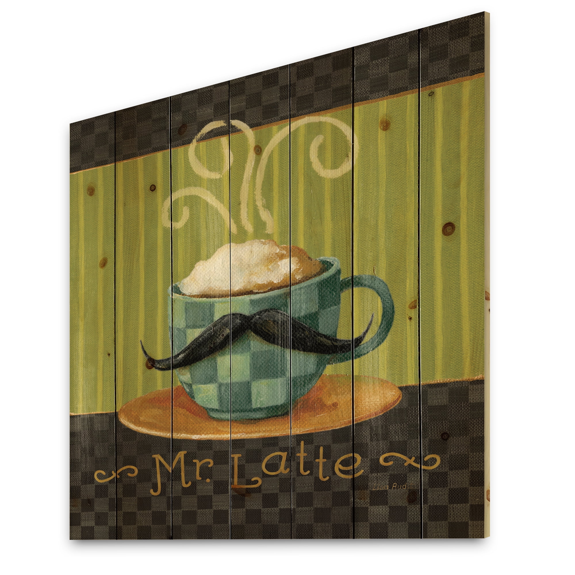 Designart 'Kitchen Cafe Moustache I' Kitchen Print on Natural Pine Wood