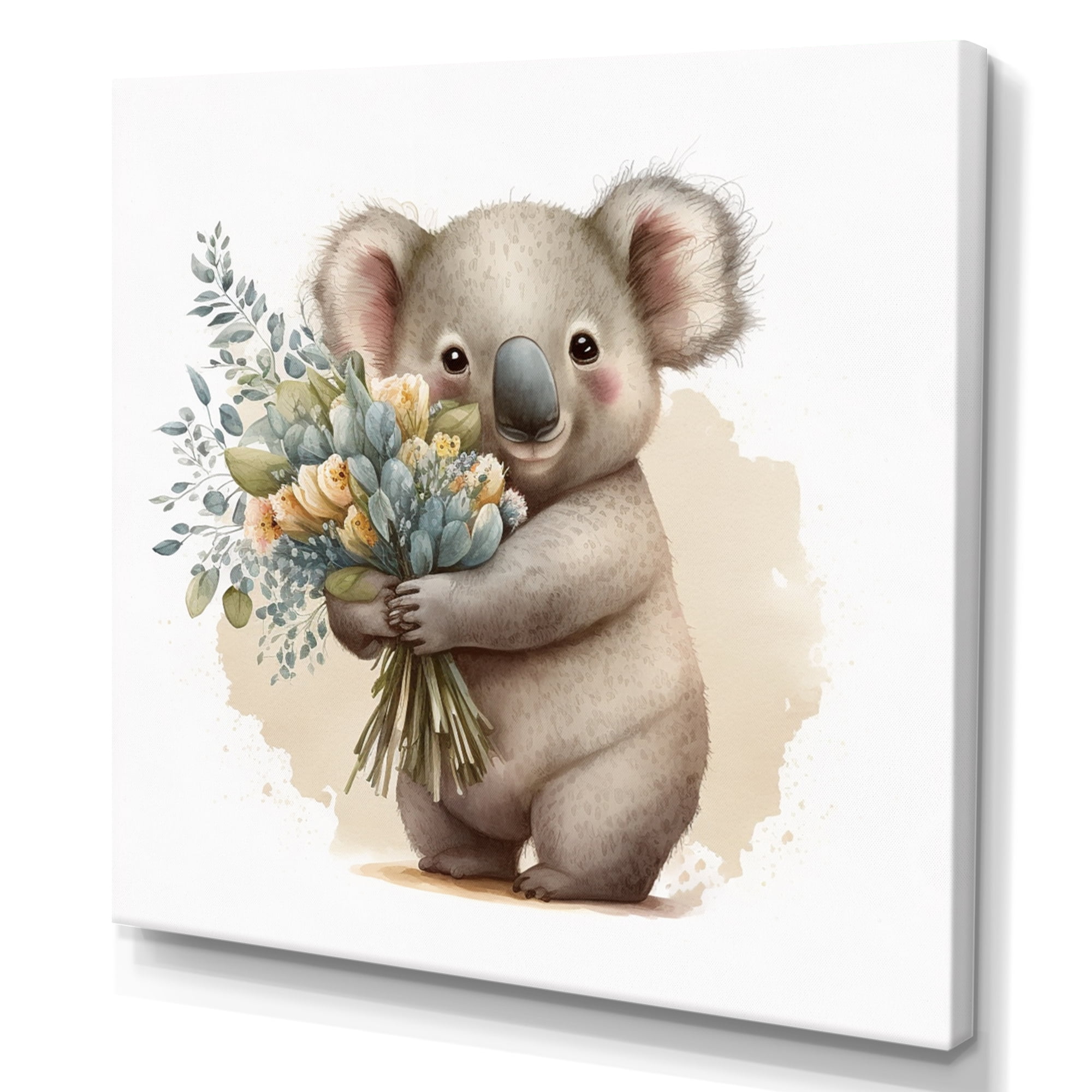 Designart Koala Bear Holding Flowers Canvas Wall Art