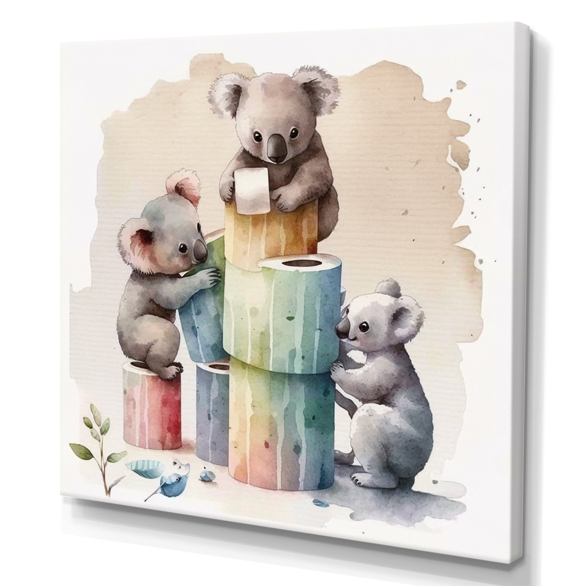 Designart Koala Bears Building A Tower Of Toilet Paper Canvas Wall Art