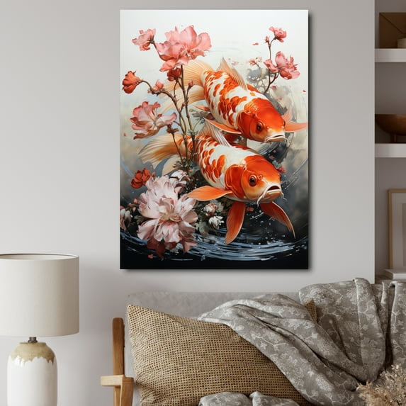 Designart "Koi Fish Fishing Contemporary wall art II" Animals Canvas Wall Art