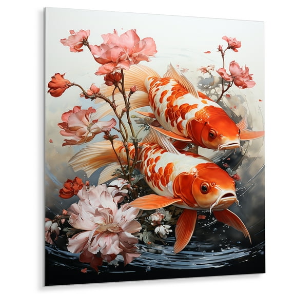 Designart "Koi Fish Fishing Contemporary wall art II" Animals Metal Wall Art Prints