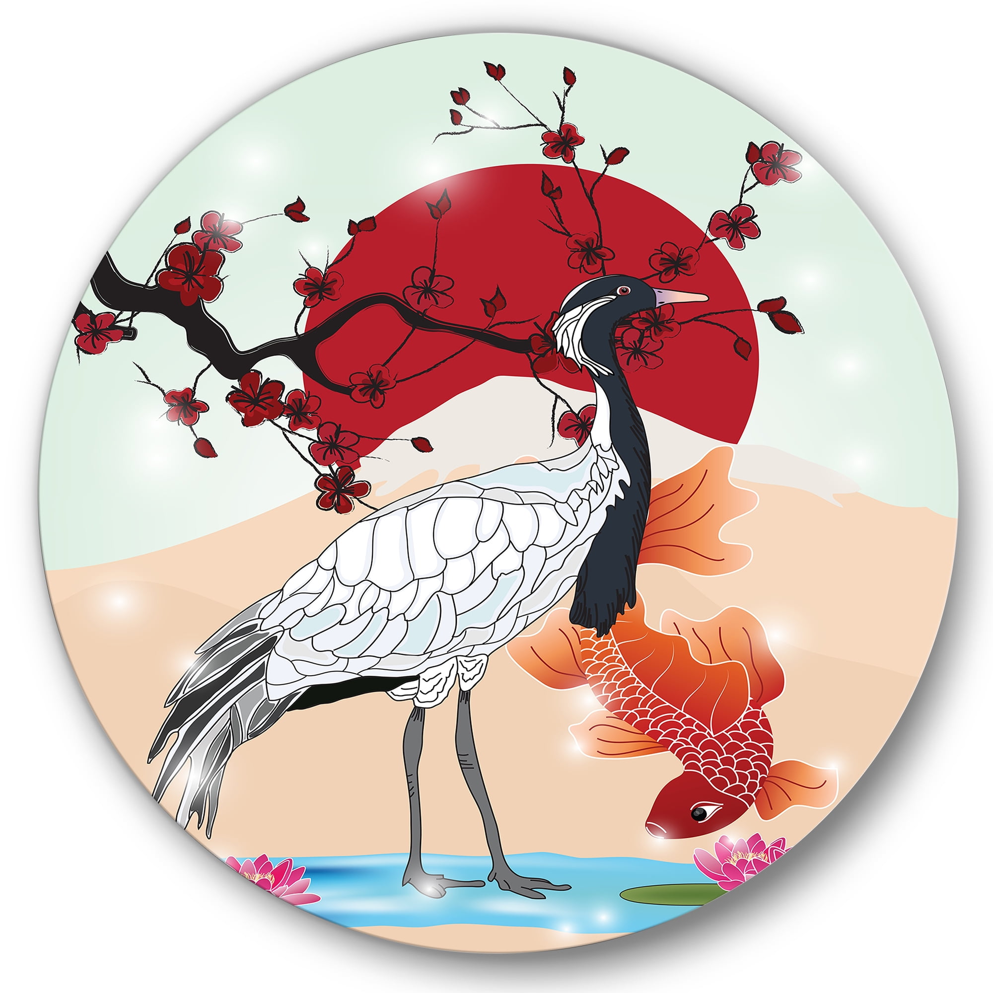 Designart 'Koi Fish With Crane Bird' Farmhouse Circle Metal Wall Art 29x29 - Disc of 29