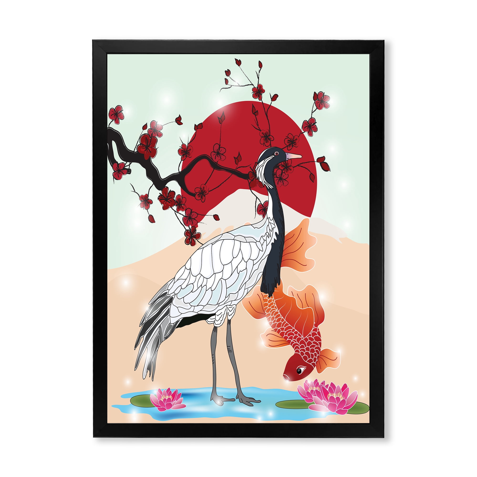 Designart 'Koi Fish With Crane Bird' Farmhouse Framed Art Print