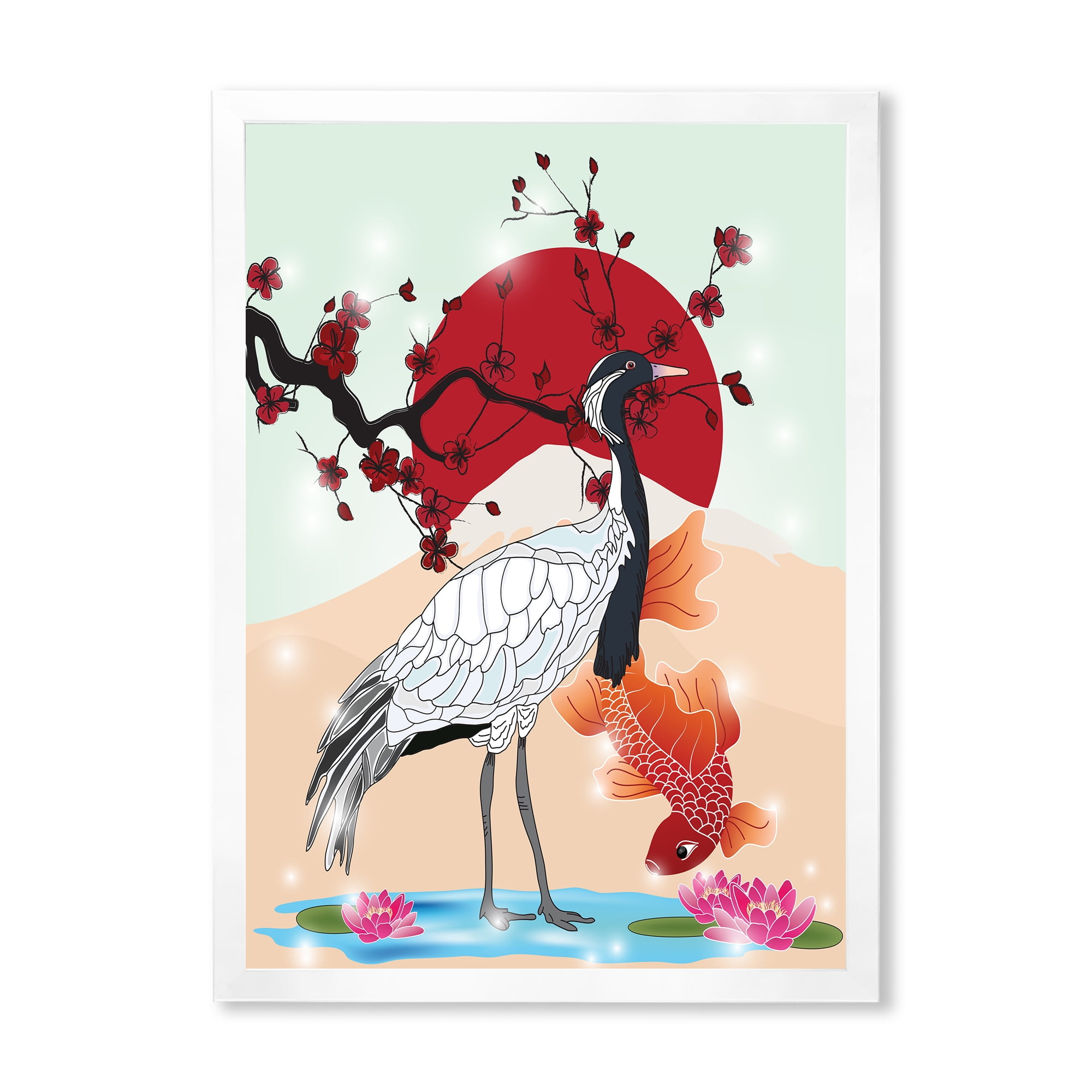 Designart 'Koi Fish With Crane Bird' Farmhouse Framed Art Print