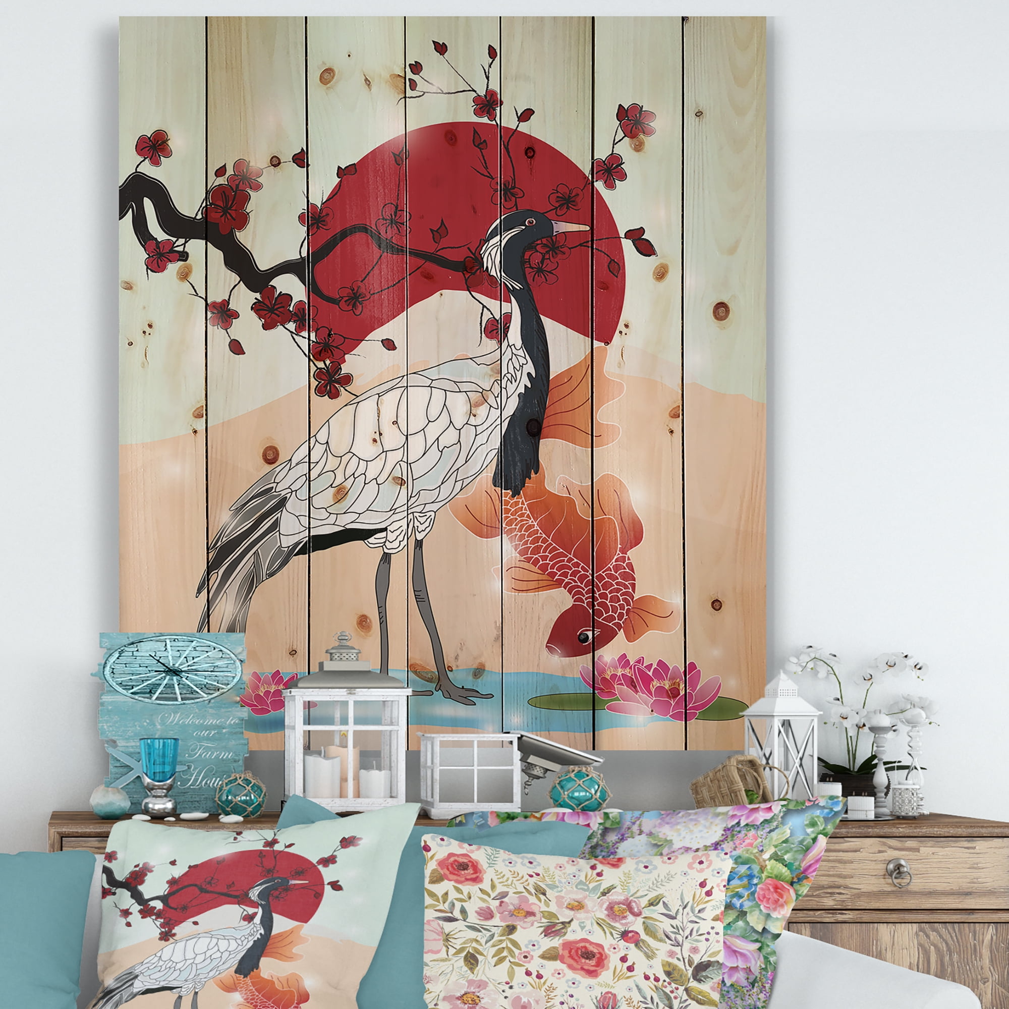 Designart 'Koi Fish With Crane Bird' Farmhouse Print on Natural Pine Wood