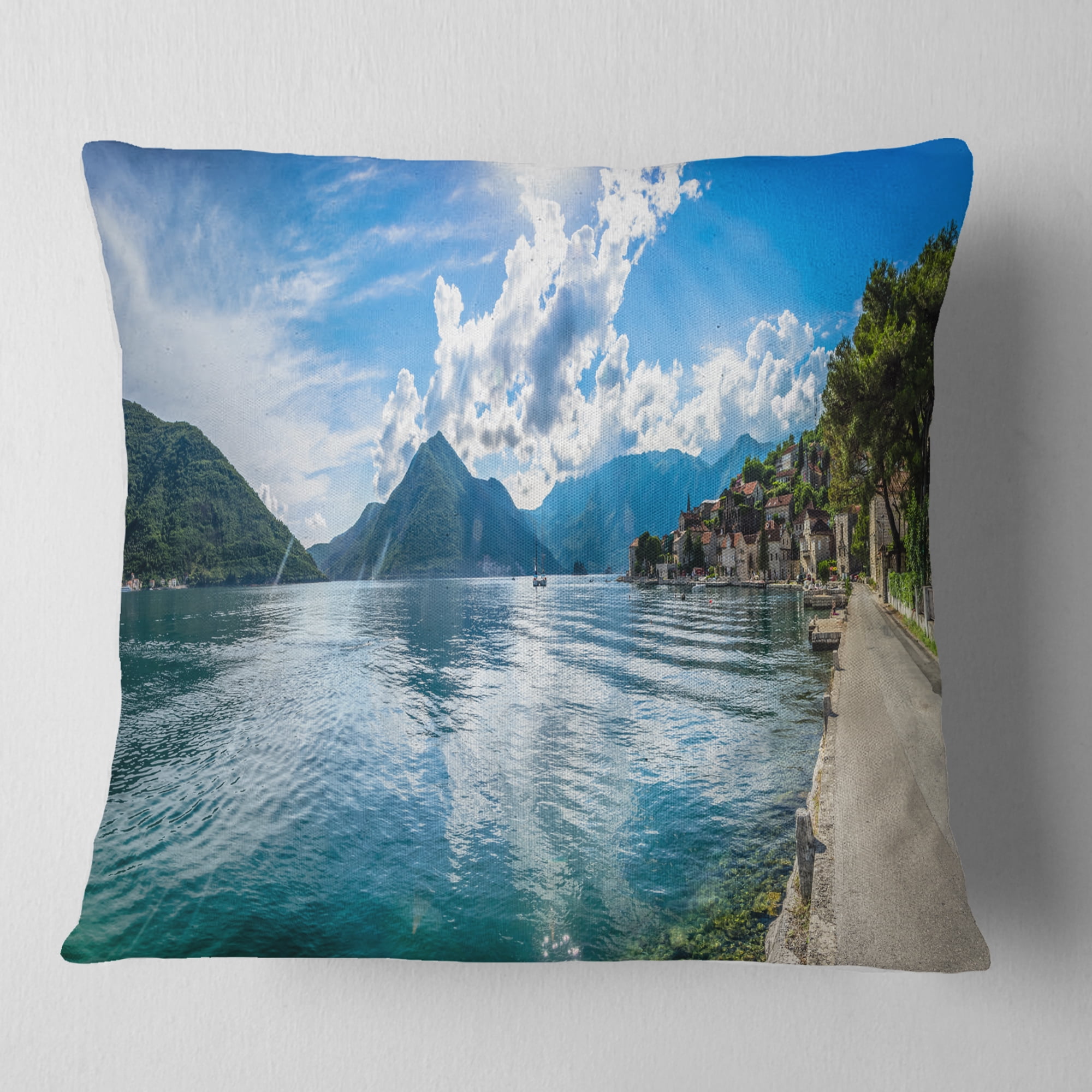 Designart Kotor Bay on Summer Day Panorama - Landscape Printed Throw Pillow - 16x16