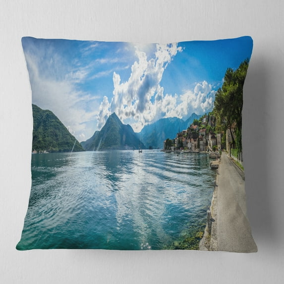 Designart Kotor Bay on Summer Day Panorama - Landscape Printed Throw Pillow - 18x18