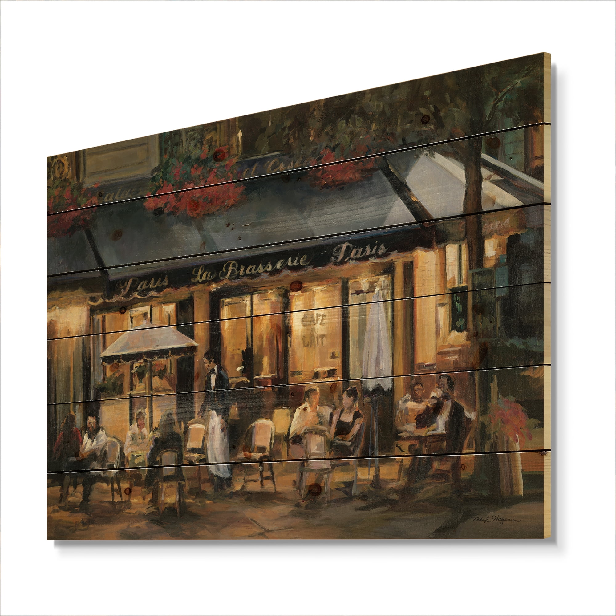 Designart 'La Brasserie of Champs-Élysées Paris Street' French Country Print on Natural Pine Wood