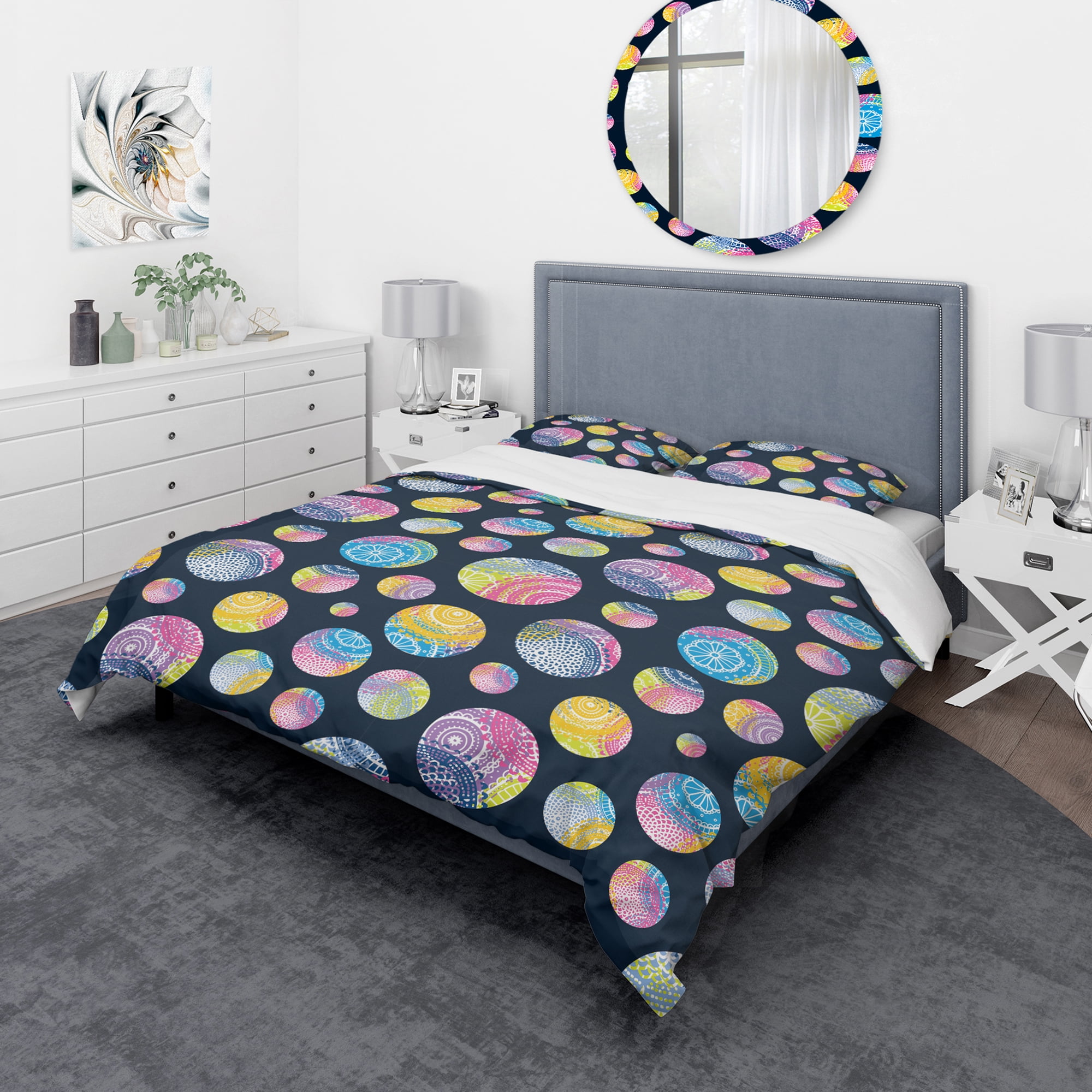 Designart 'Lace Patterned Circles on Dark Blue Background' Modern & Contemporary Duvet Cover Set