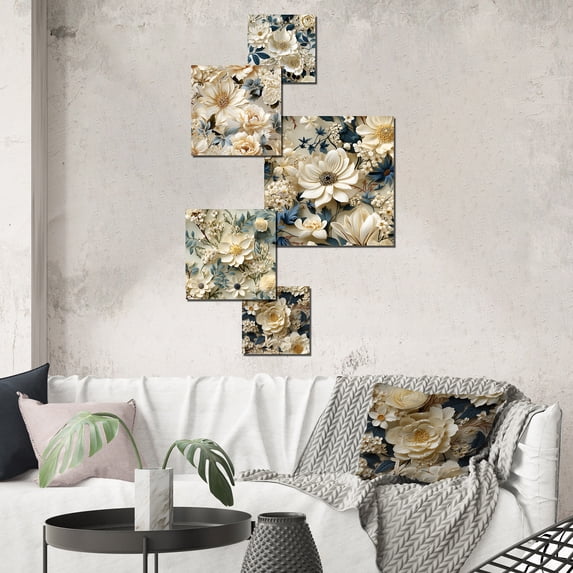 Designart "Lacy Botanical Cream IV" Floral Wall Art Set Of 5 - White Cottage Office Room Metal Wall Art Set