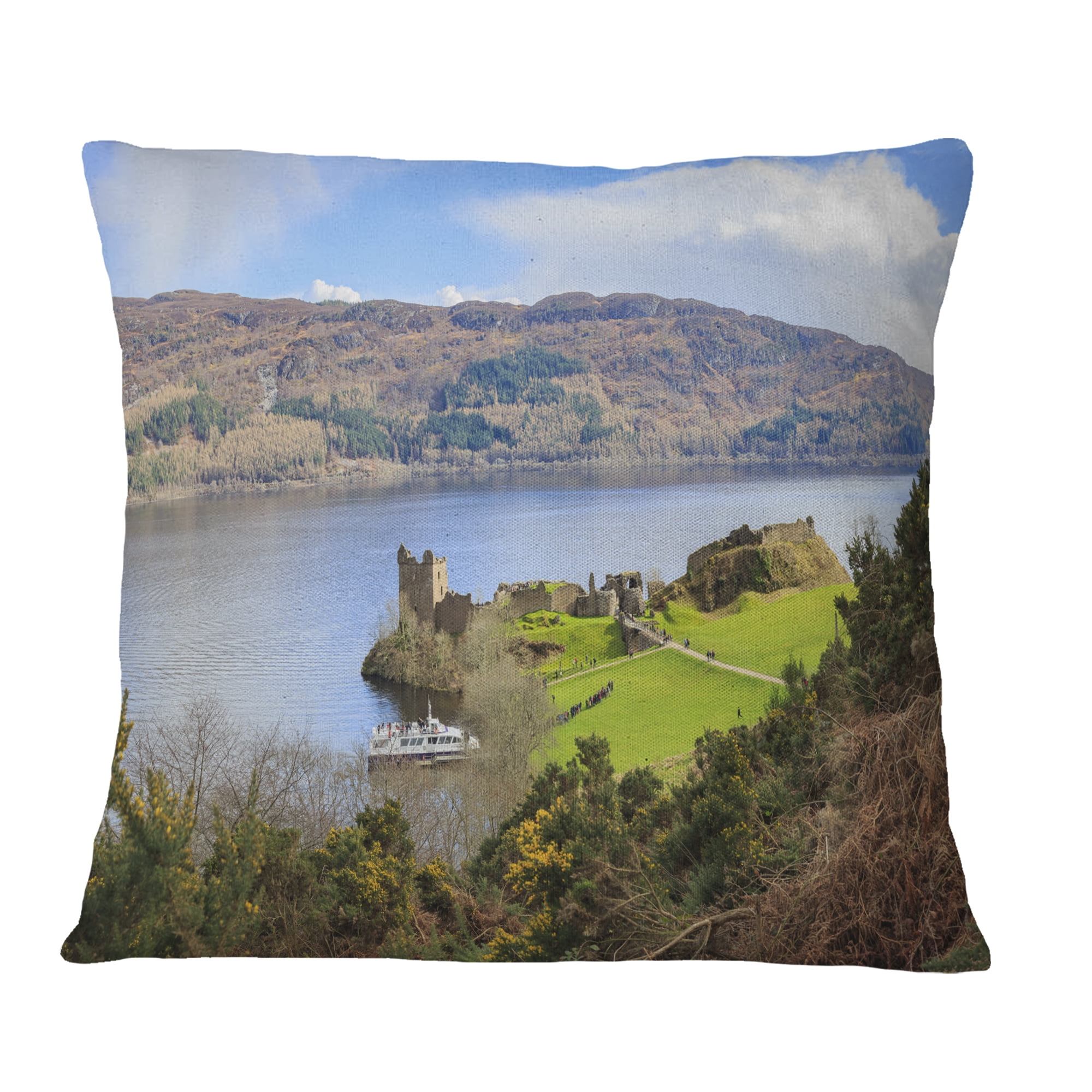 Designart Lago Ness and Urquhart Castle - Landscape Printed Throw Pillow - 16x16
