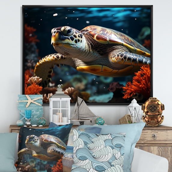 Designart "Lagoon Turtle In Minimalist Art I" Animals Turtle Floater Framed Wall Art Prints