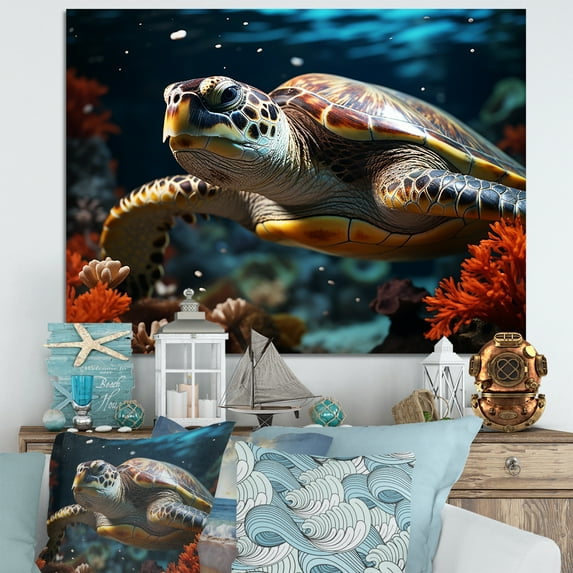 Designart "Lagoon Turtle In Minimalist Art I" Animals Turtle Wall Art Prints
