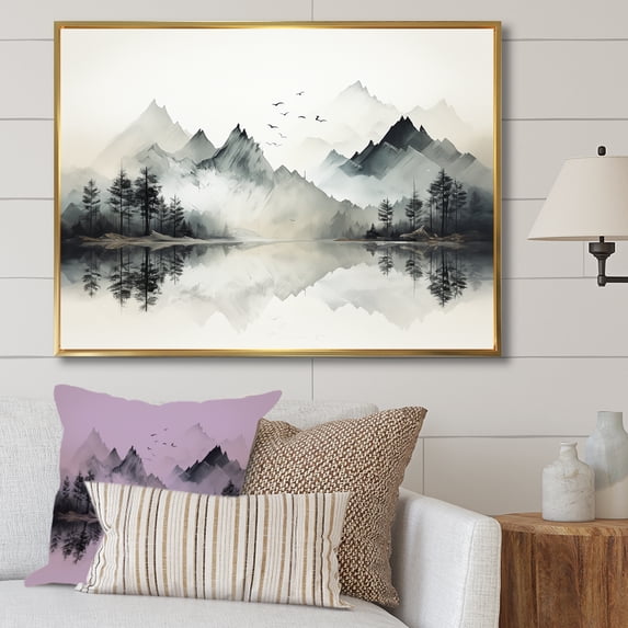 Designart "Lake And Forest Dream In Watercolor I" Landscape Mountains Floater Framed Canvas Wall Art