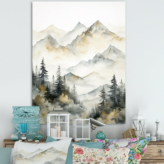 Designart "Lake And Forest Dream In Watercolor II" Landscape Mountains Canvas Prints