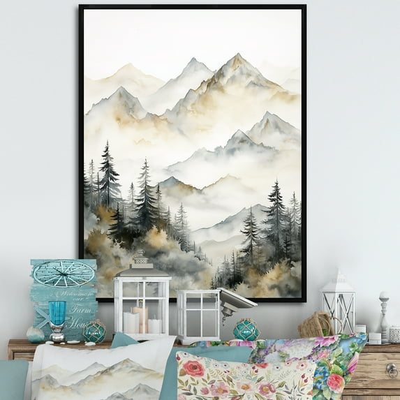 Designart "Lake And Forest Dream In Watercolor II" Landscape Mountains Floater Framed Canvas Prints
