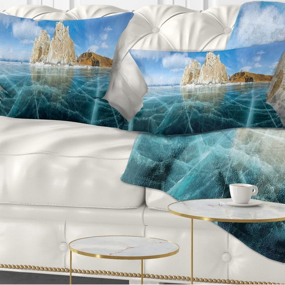 Designart Lake Baikal Ice and Rocks Panorama - Seascape Throw Pillow - 12x20