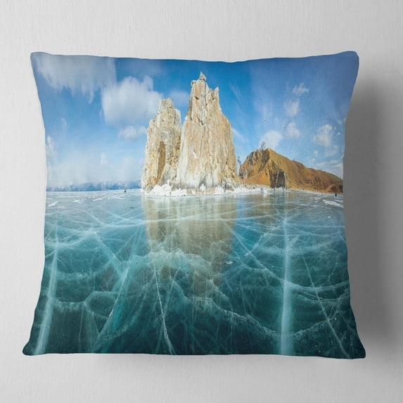 Designart Lake Baikal Ice and Rocks Panorama - Seascape Throw Pillow - 16x16
