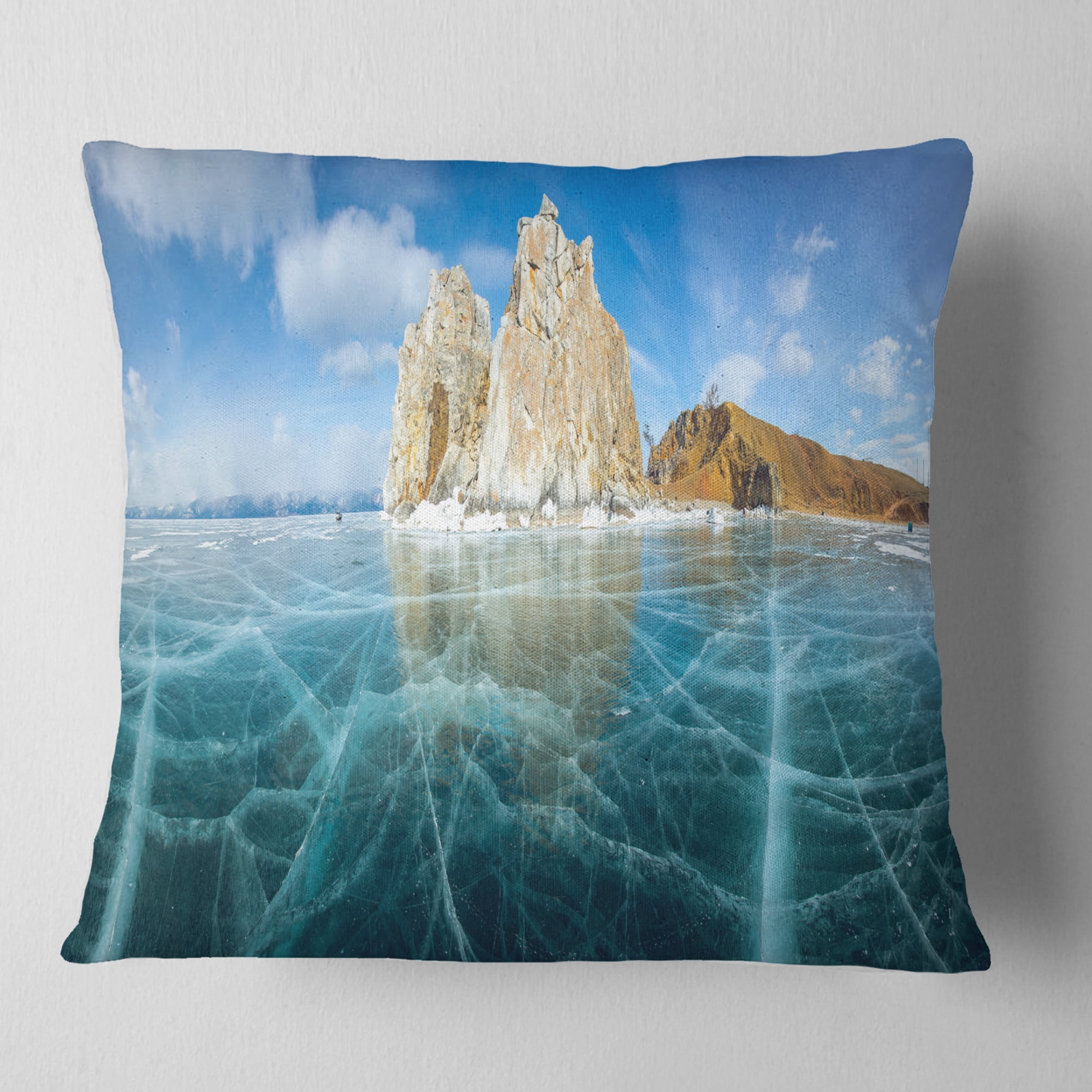 Designart Lake Baikal Ice and Rocks Panorama - Seascape Throw Pillow - 18x18