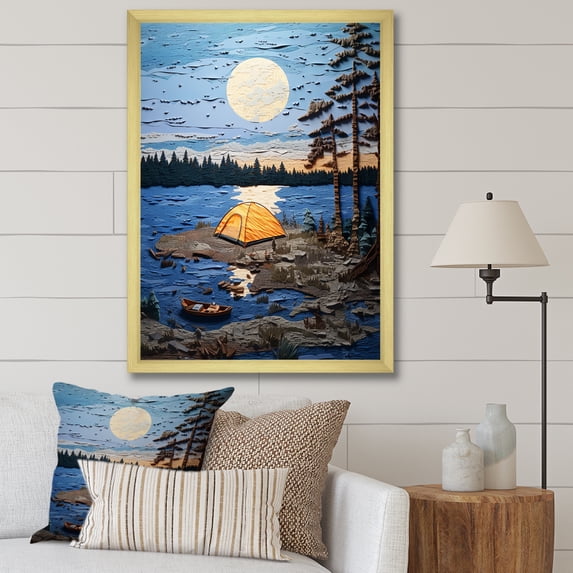 Designart "Lake Camping" Landscapes Framed Wall Art - Country Blue Camping Travel Entryway Framed Wall Art