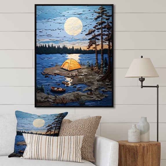 Designart "Lake Camping" Landscapes Framed Wall Art - Country Blue Camping Travel Entryway Framed Wall Art