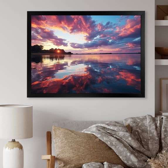Designart "Lake Horizon Sunset Beauty II" Cottage Framed Wall Art Decor - Country Blue Lake Entryway Framed Wall Art