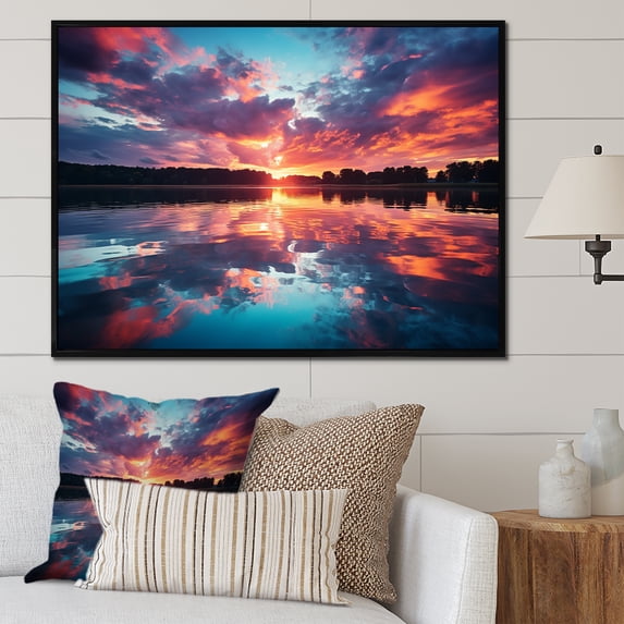 Designart "Lake Horizon Sunset Beauty III" Cottage Framed Wall Art - Country Blue Lake Entryway Framed Wall Art