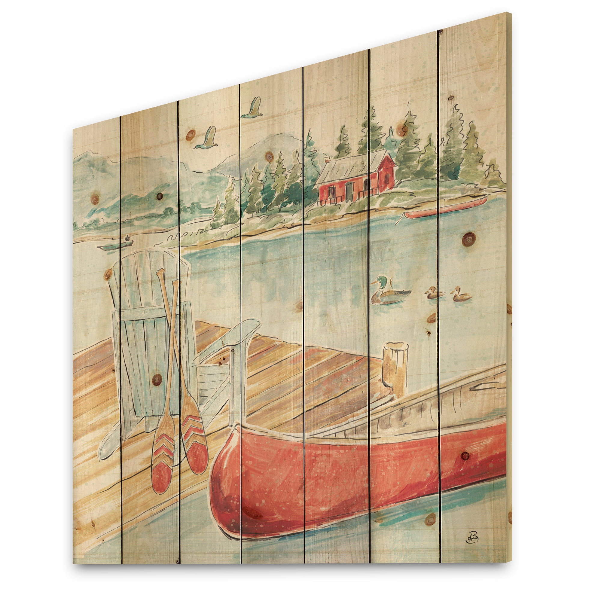 Designart 'Lake House Canoes III' Lake House Print on Natural Pine Wood