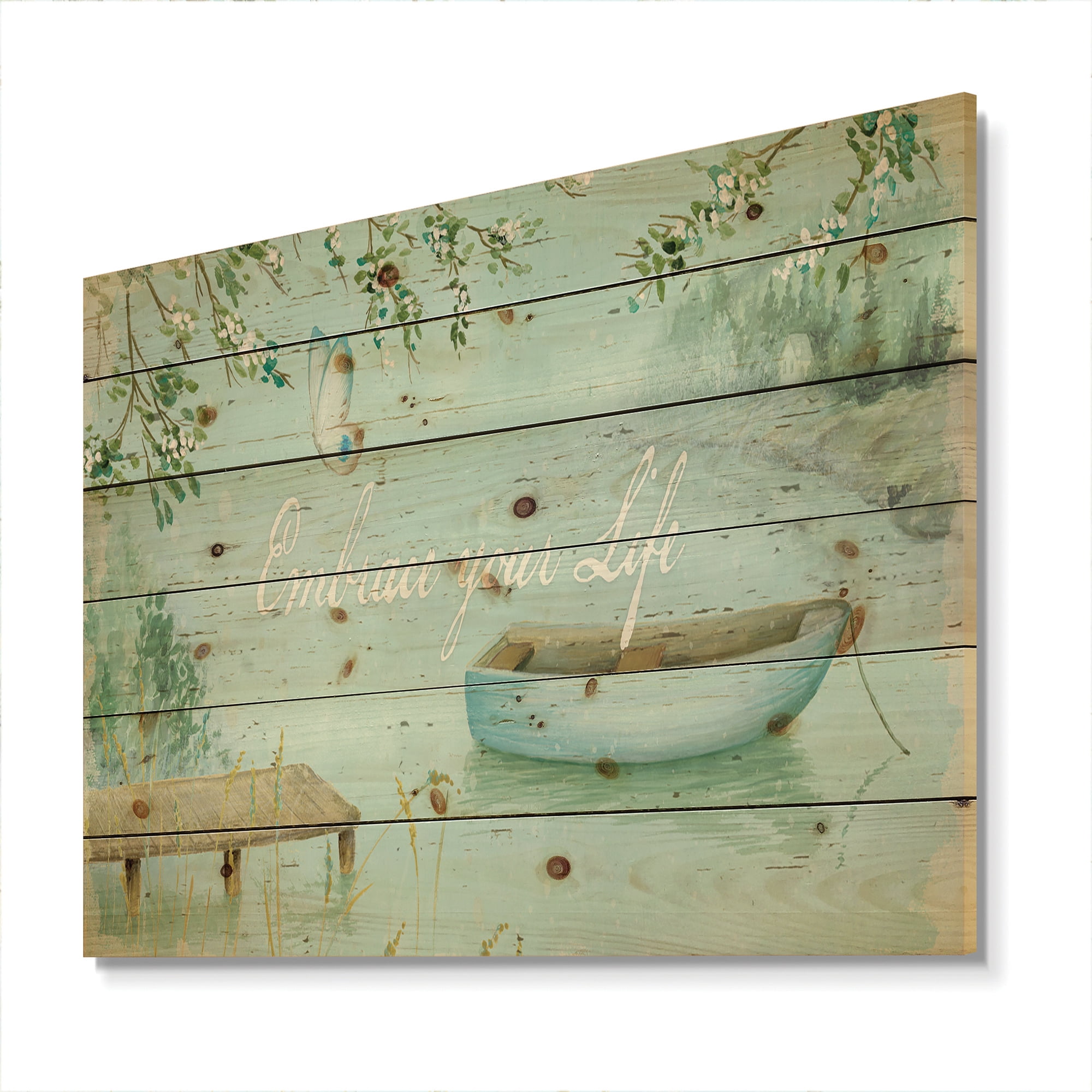 Designart 'Lake House Canoes IV' Lake House Print on Natural Pine Wood