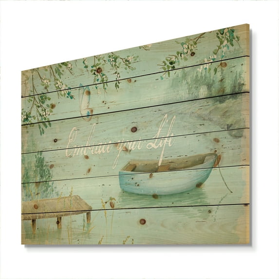 Designart 'Lake House Canoes IV' Lake House Print on Natural Pine Wood