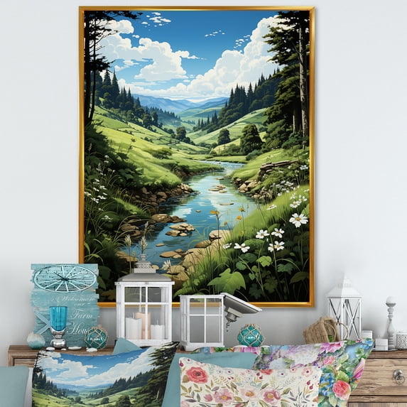 Designart "Lake In Countryside Emerald art painting I" Landscape & Nature Floater Framed Canvas Art Print