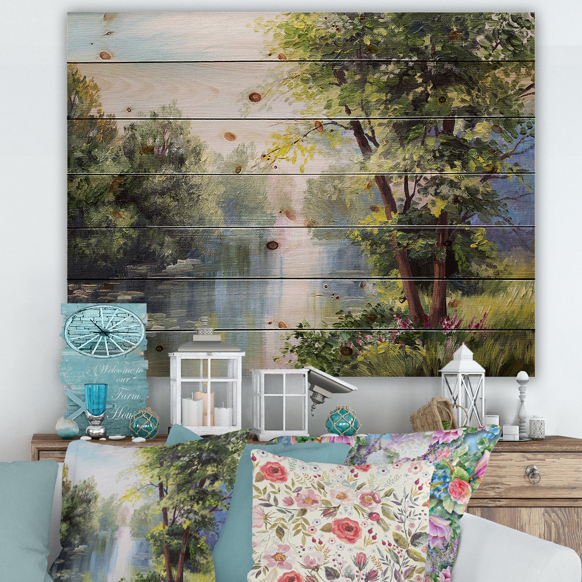 Designart 'Lake In The Forest Summer Day - Landscape' Lake In The Forest Summer Day - Lake House Print on Natural Pine Wood