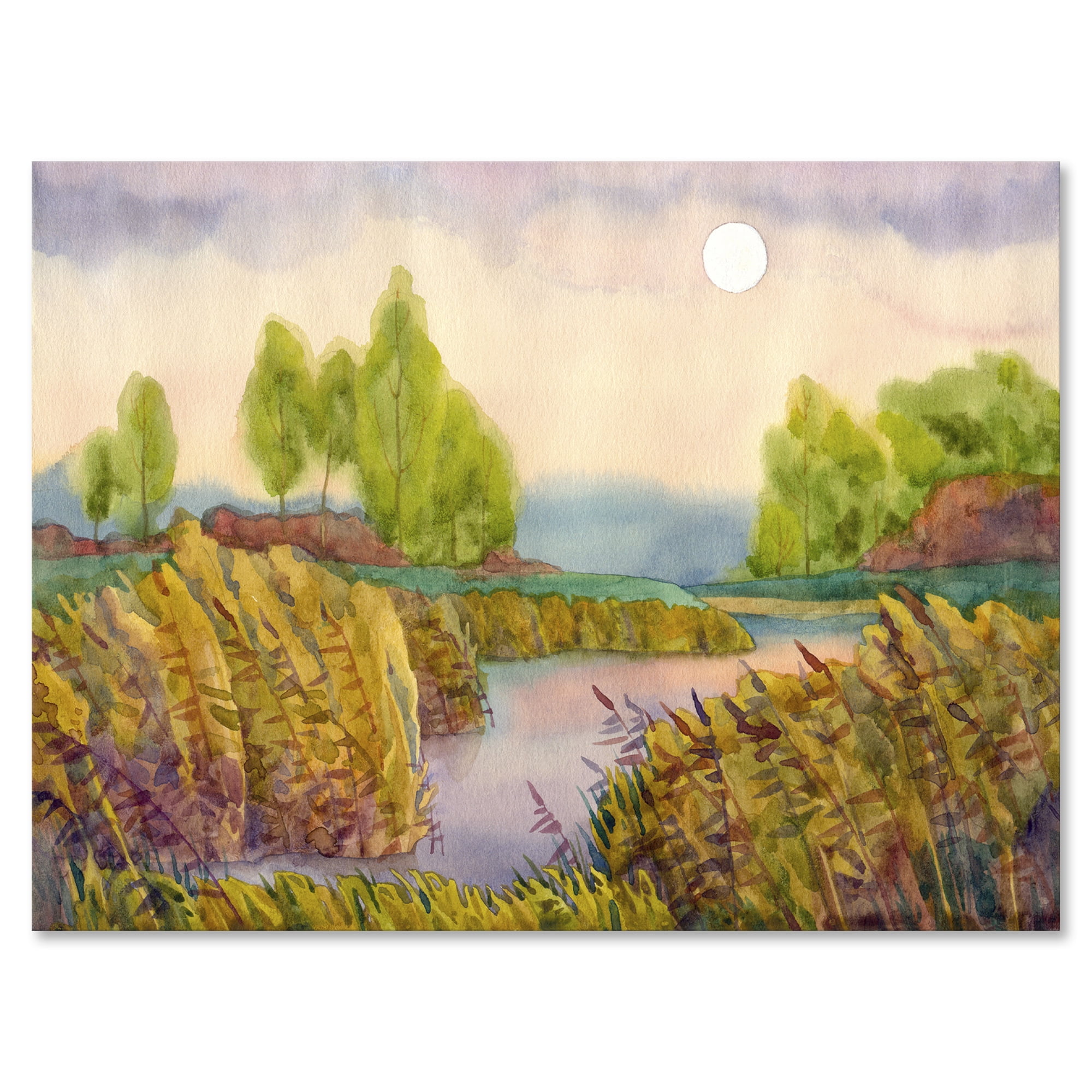Designart ' Lake In The Reeds With Full Moon ' Nautical & Coastal Canvas Wall Art Print