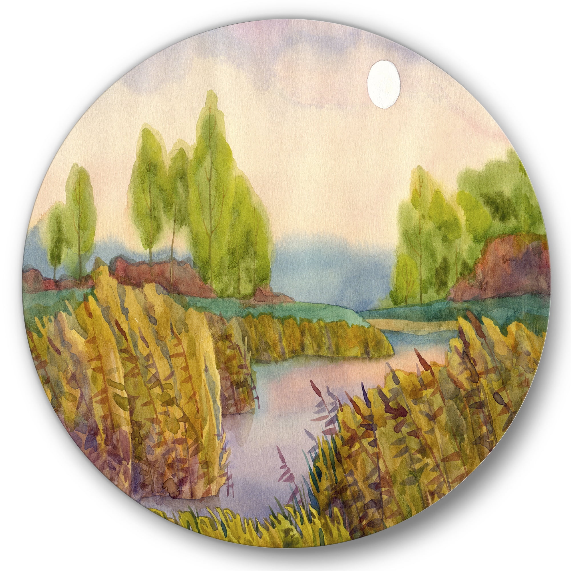 Designart 'Lake In The Reeds With Full Moon' Nautical & Coastal Circle Metal Wall Art 29x29 - Disc of 29