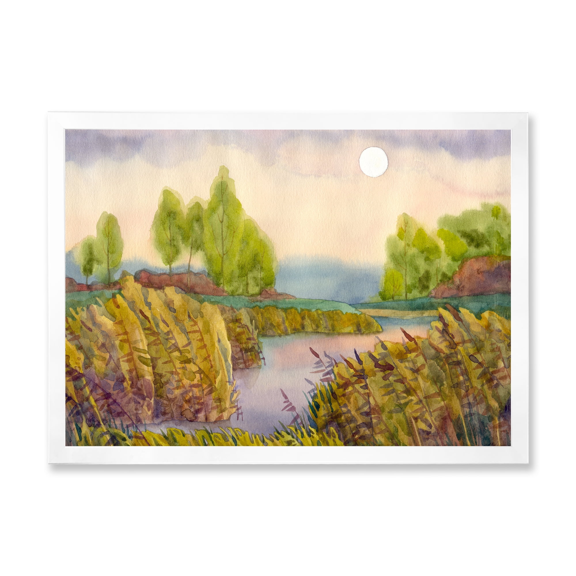 Designart 'Lake In The Reeds With Full Moon' Nautical & Coastal Framed Art Print