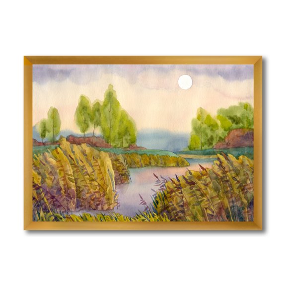 Designart 'Lake In The Reeds With Full Moon' Nautical & Coastal Framed Art Print