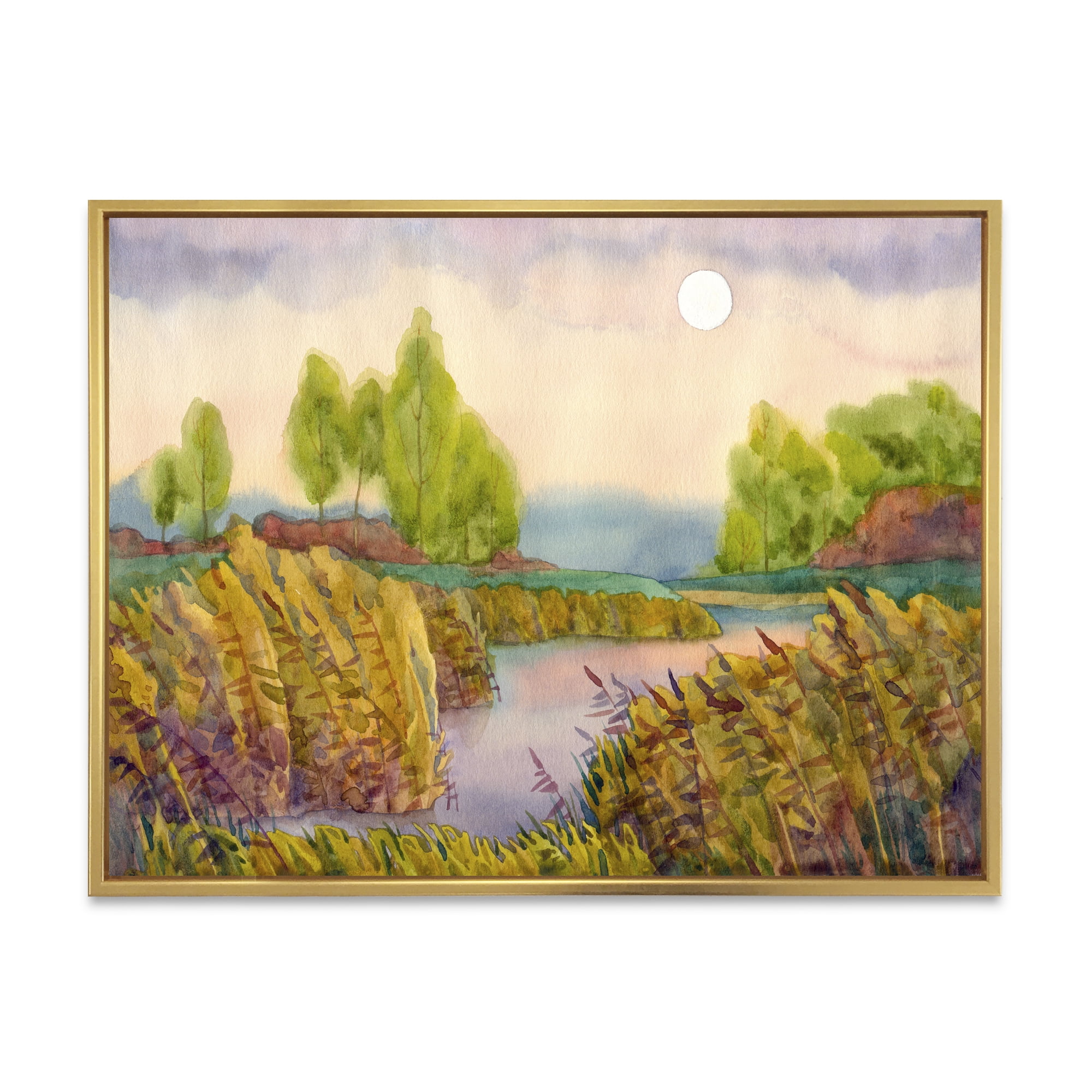 Designart 'Lake In The Reeds With Full Moon' Nautical & Coastal Framed Canvas Wall Art Print