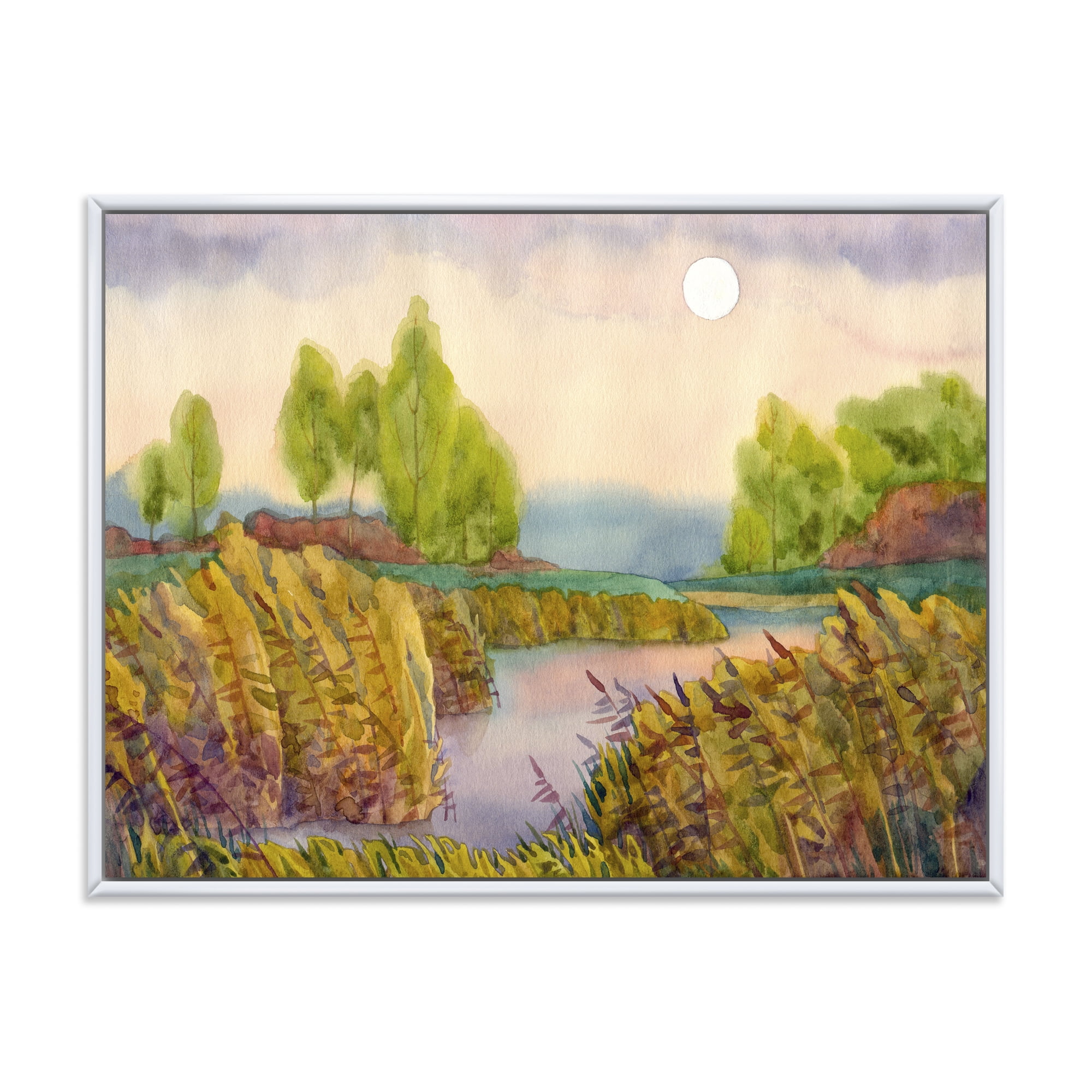 Designart 'Lake In The Reeds With Full Moon' Nautical & Coastal Framed Canvas Wall Art Print