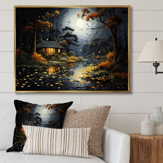 Designart "Lake Lakeside Pointillism" Landscapes Floater Framed Canvas Print