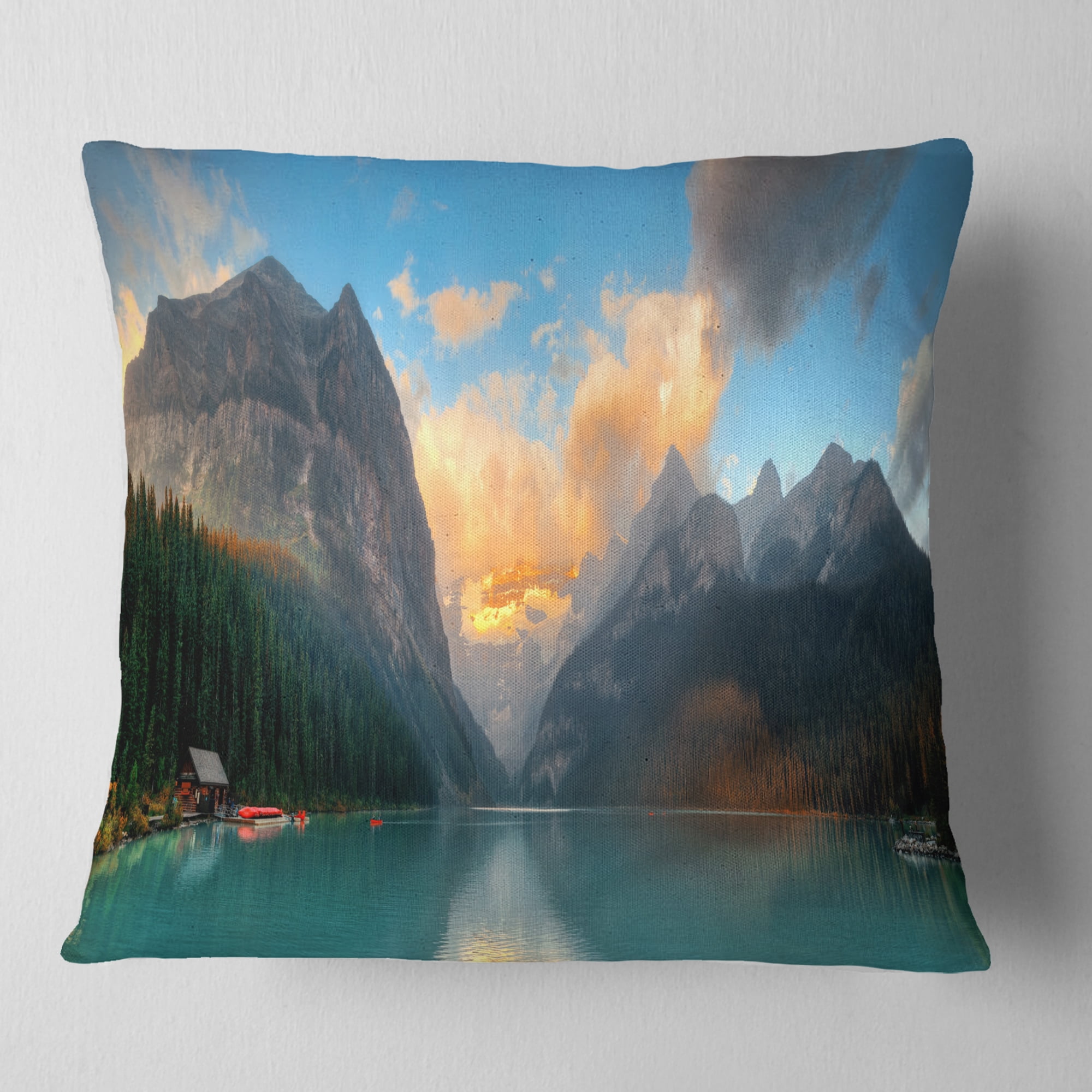 Designart Lake Louise Sunrise Banff Park - Modern Seascape Throw Pillow - 18x18